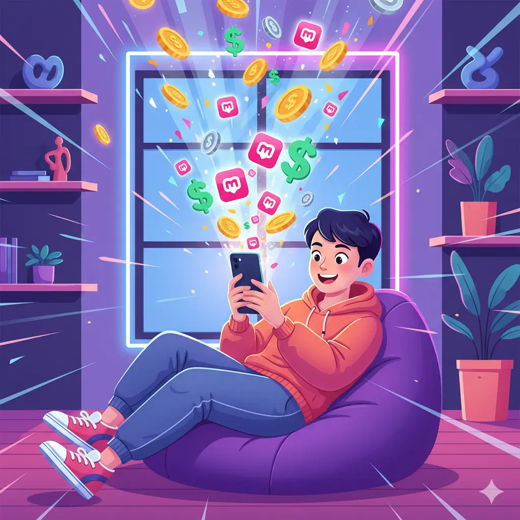 Một game thủ hào hứng sử dụng app chơi game kiếm tiền thật với các biểu tượng tiền và ví MoMo bay ra từ màn hình.