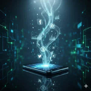 Điện thoại thông minh phát ra các biểu tượng ứng dụng và biểu đồ tài chính, minh họa cho việc các app kiếm tiền online trên iOS và Android.