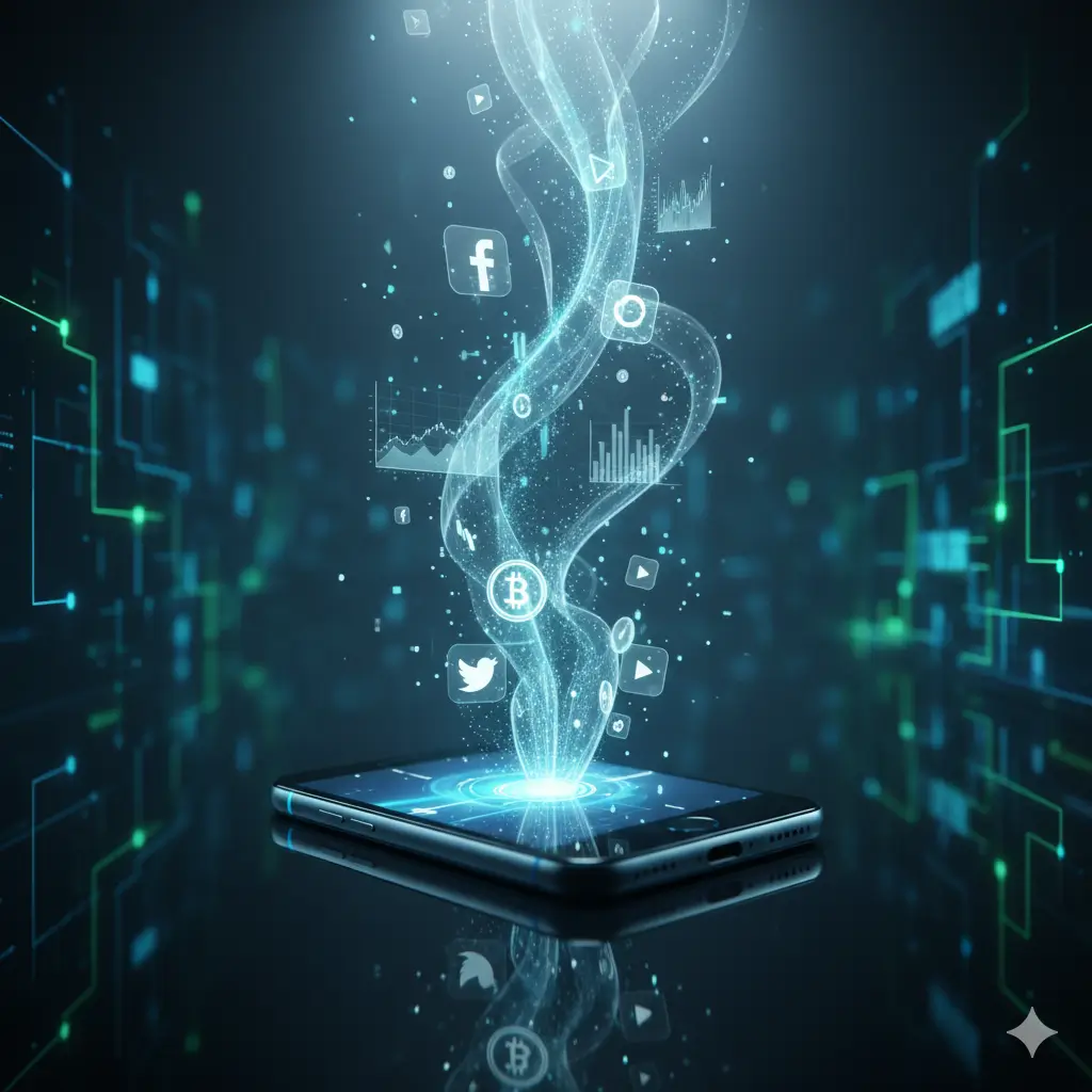 Điện thoại thông minh phát ra các biểu tượng ứng dụng và biểu đồ tài chính, minh họa cho việc các app kiếm tiền online trên iOS và Android.