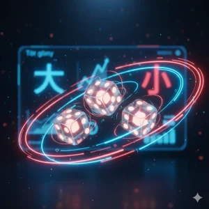 Hình ảnh 3 viên xúc xắc của game tài xỉu online đang bay trên nền công nghệ số hiện đại.