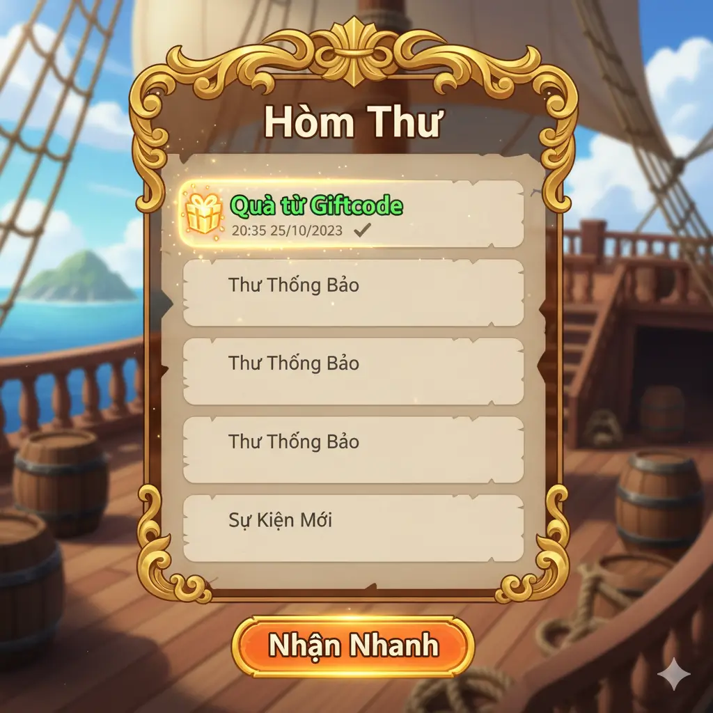 Cách nhận quà sau khi nhập code Huyền Thoại Hải Tặc thành công, kiểm tra vật phẩm trong hòm thư của game.