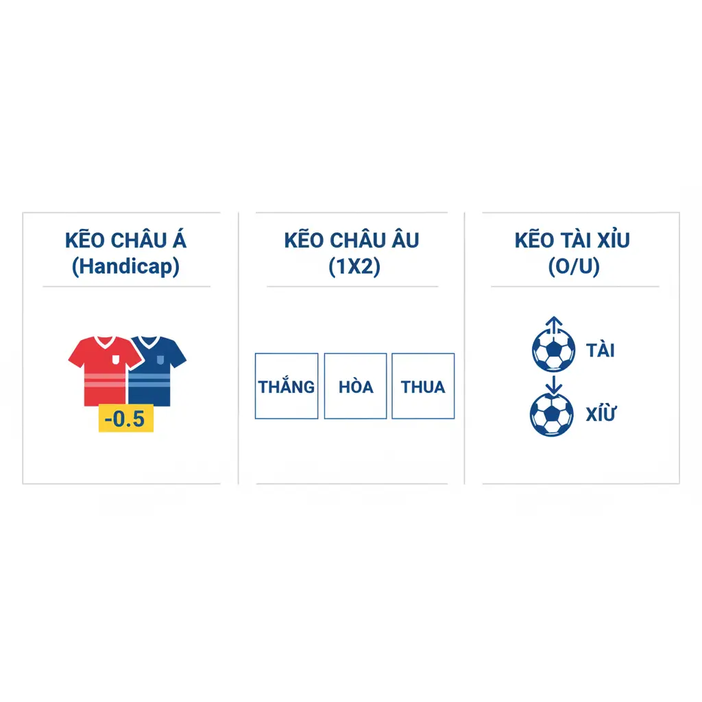 Sơ đồ giải thích các loại kèo cược bóng đá phổ biến cho người mới.