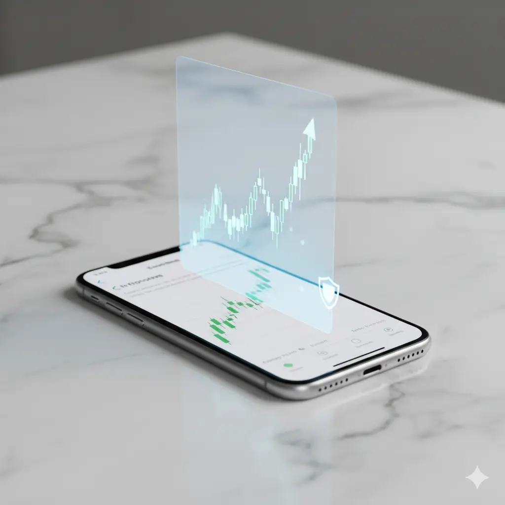 Một chiếc iPhone hiển thị biểu đồ đầu tư đang tăng trưởng, đại diện cho các app kiếm tiền iOS uy tín và an toàn.