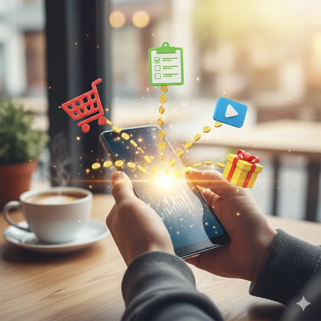 Điện thoại Android với các biểu tượng nhiệm vụ như mua sắm, làm khảo sát, minh họa cho việc kiếm tiền Android đa dạng.